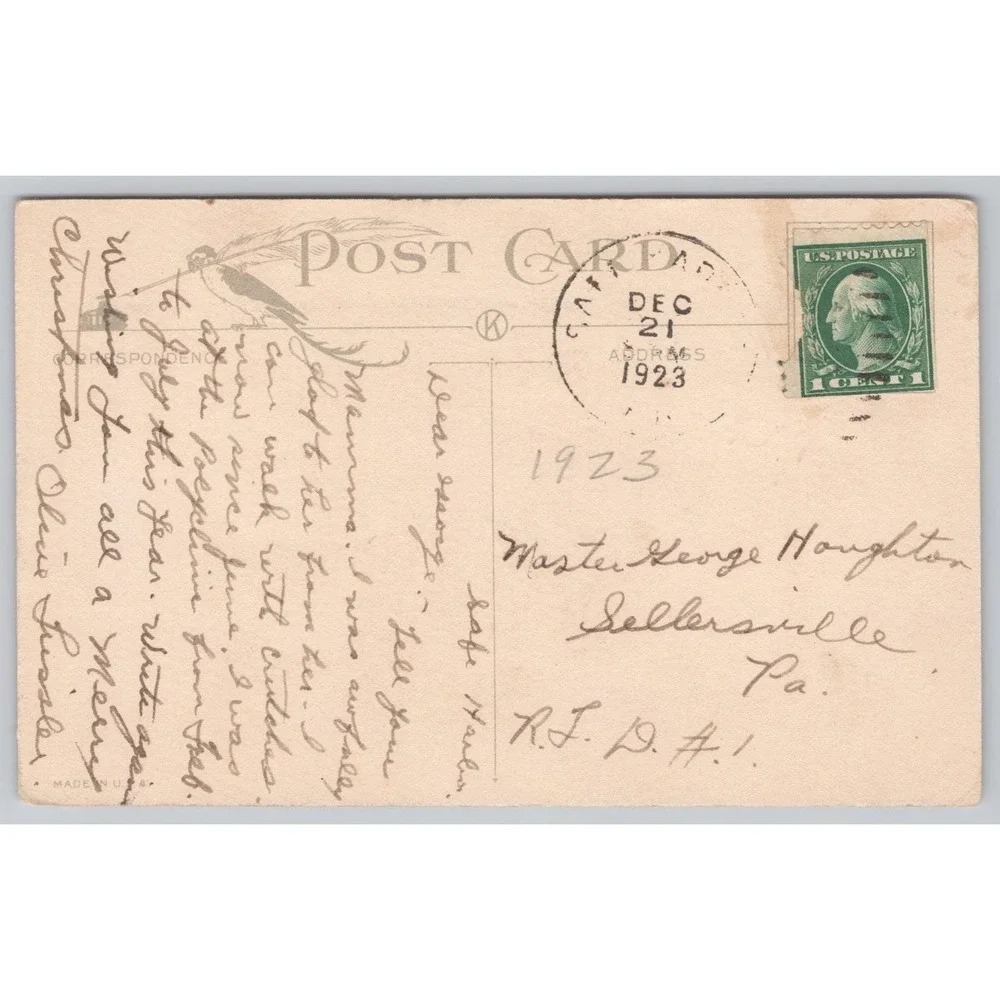 Vintage Santa Postcard Filling Stockings 1923 Merry Christmas Sellersville PA